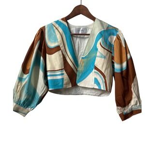 hosbjerg agnethe bolero cropped jacket abstract print puff sleeve cotton small